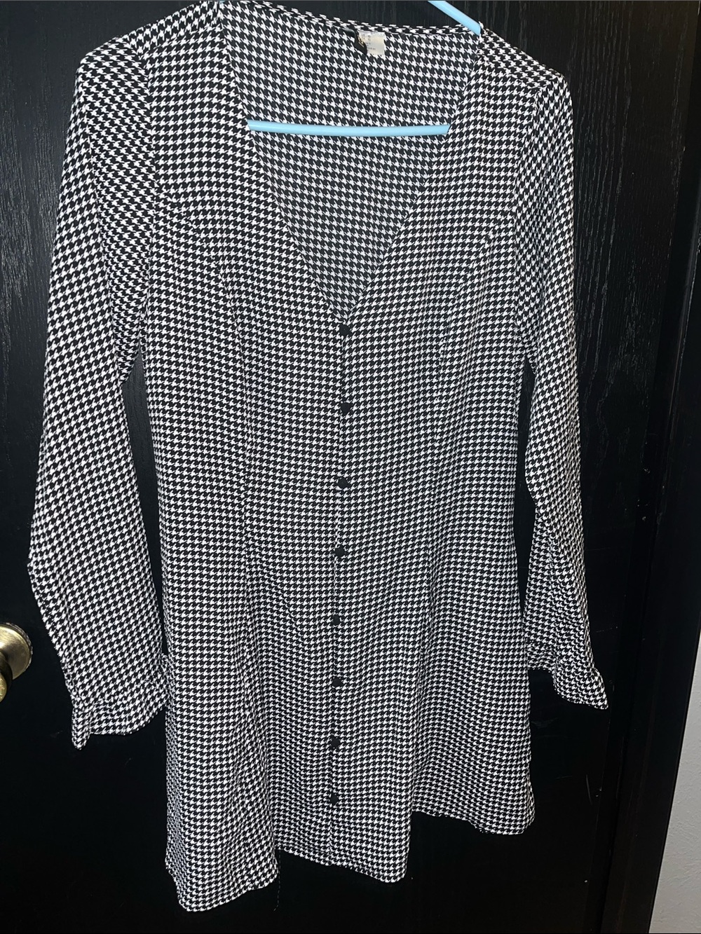 Divided Black and White Houndstooth Long-Sleeve Button Dress